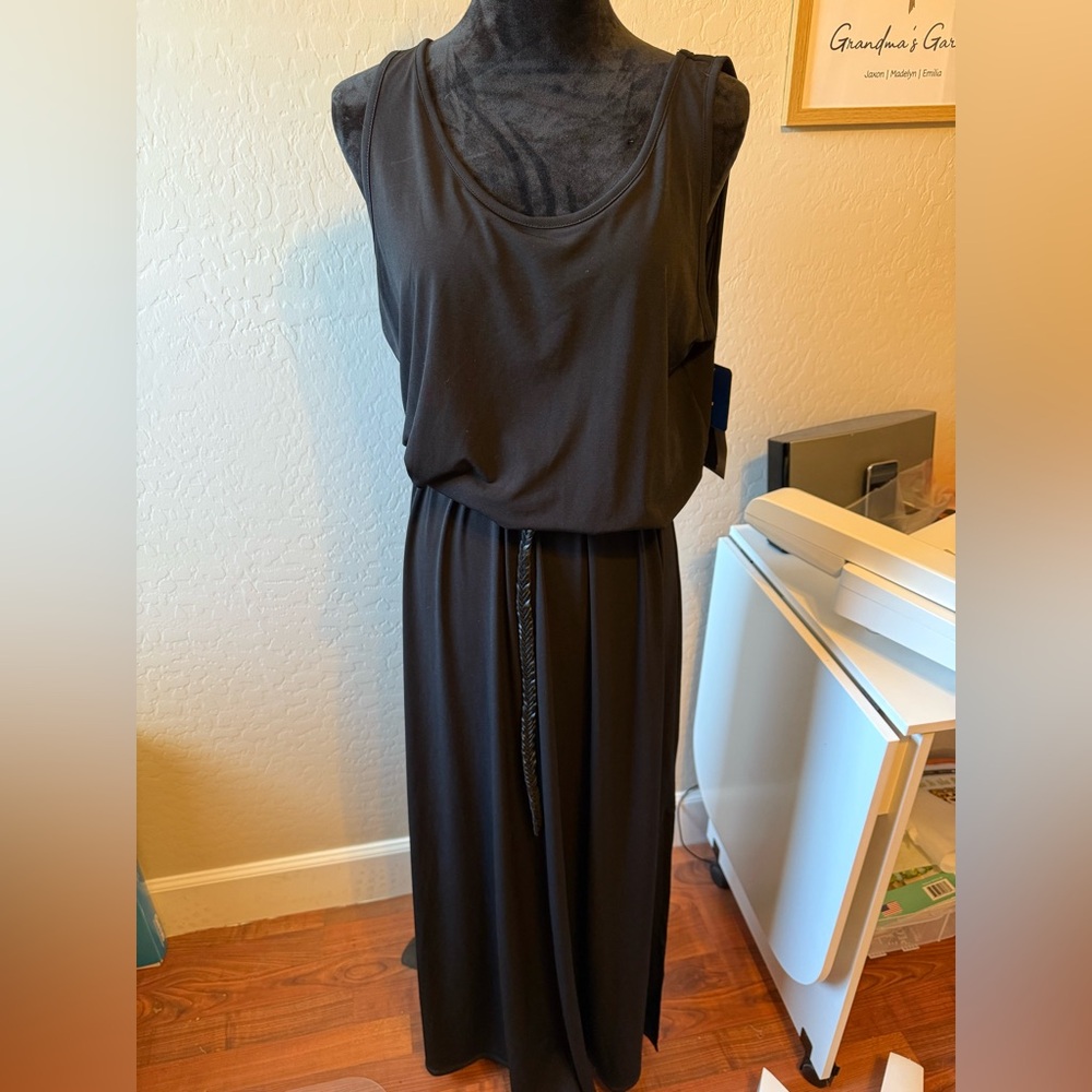 Black Sleeveless Maxi Dress, new with tags and leather belt. Slit to knee.